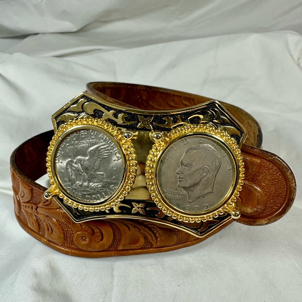 Vintage Kennedy double half dollar buckle tan leather belt tooled size 30 USA